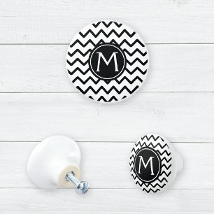 Bouton De Porte En Céramique Monogramme Grandes frites Chevron noir et blanc