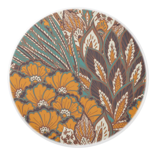 Bouton De Porte En Céramique Motif abstrait de plume de paon (Devant)