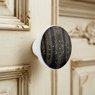 Bouton De Porte En Céramique Motif Art Déco doré avec étoiles et lunes célestes