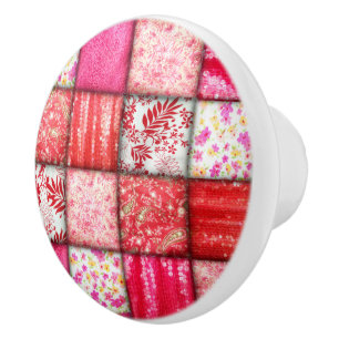 Bouton De Porte En Céramique Motif de courtepointe rouge et rose