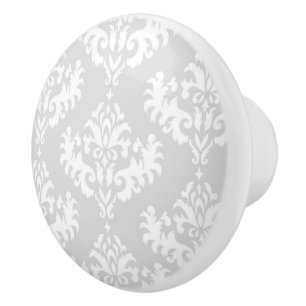 Bouton De Porte En Céramique Motif de damassé de gris argenté