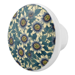Bouton De Porte En Céramique Motif de fleurs de la passion bleue