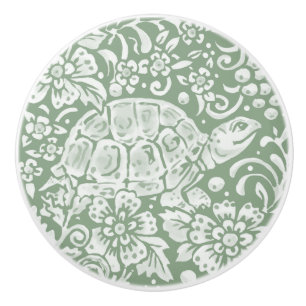 Bouton De Porte En Céramique Motif de la tortue animale blanche verte Sage