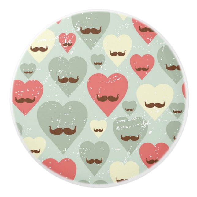 Bouton De Porte En Céramique Motif de Valentine avec le coeur et la moustache (Devant)