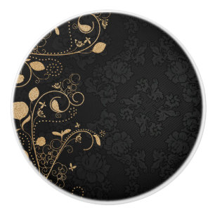 Bouton De Porte En Céramique Motif décoratif noir et or