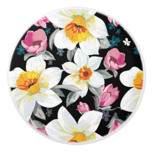 Bouton De Porte En Céramique Motif d'élégance avec des fleurs de narcisse