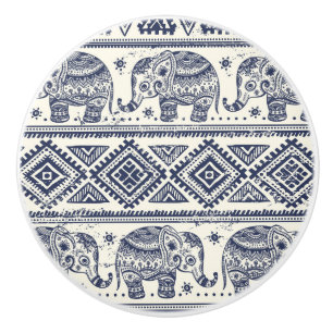 Bouton De Porte En Céramique Motif d'éléphant ethnique bleu