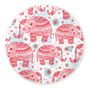 Bouton De Porte En Céramique Motif d'éléphant rouge