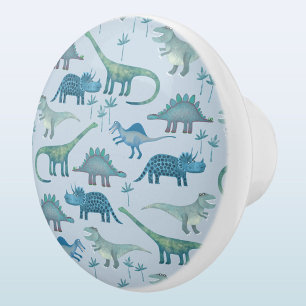 Bouton De Porte En Céramique Motif Dinosaur amusant Bleu