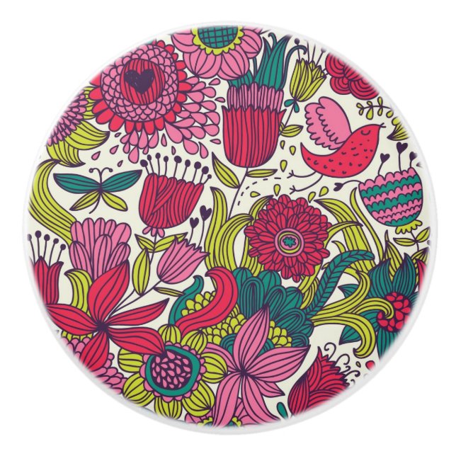 Bouton De Porte En Céramique Motif floral lumineux (Devant)