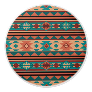 Bouton De Porte En Céramique Motif Tribal Sud-Ouest Turquoise Terracotta