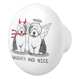 Bouton De Porte En Céramique Naughty & Nice Old English Sheepdogs (Grey 1)