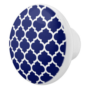 Bouton De Porte En Céramique Navy Blue White Moroccan Quatrefoil Pattern #5
