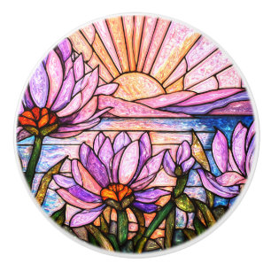 Bouton De Porte En Céramique Nénuphar Violet Faux Vitrail Soleil Levant
