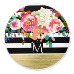Bouton De Porte En Céramique Noir Blanc Or Moderne Glam Floral Élégant Chic