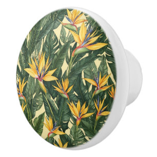 Bouton De Porte En Céramique Oiseau jaune du Paradis motif de fleurs