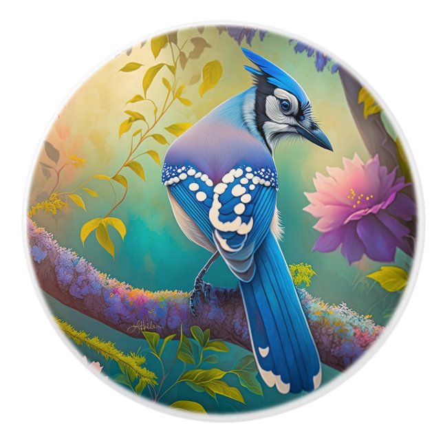 Bouton De Porte En Céramique Oiseaux d'Imaginaire Jay bleu (Devant)