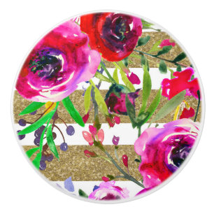 Bouton De Porte En Céramique Or Blanc Gras Glam Floral Aquarelle