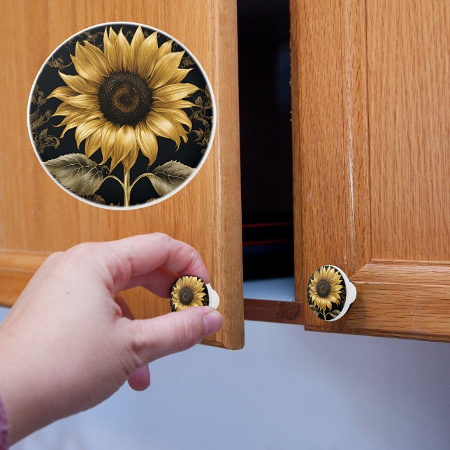 Bouton De Porte En Céramique Or sur tournesol géant noir (Créateur téléchargé)