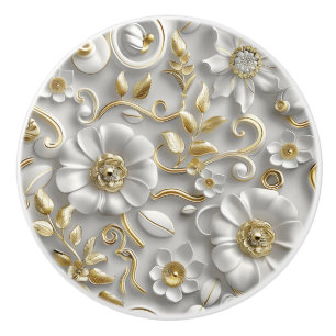 Bouton De Porte En Céramique Ornement Blanc Or Élégant Floral 3D