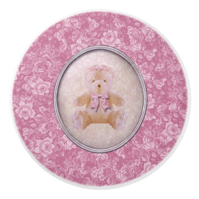 Bouton De Porte En Céramique Ours de nounours rose (Devant)