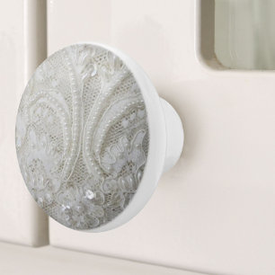 Bouton De Porte En Céramique paillettes sophistiquées perle blanc dentelle