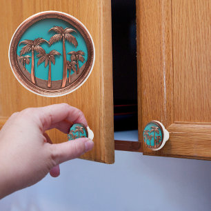 Bouton De Porte En Céramique Palmiers en cuivre et Turquois