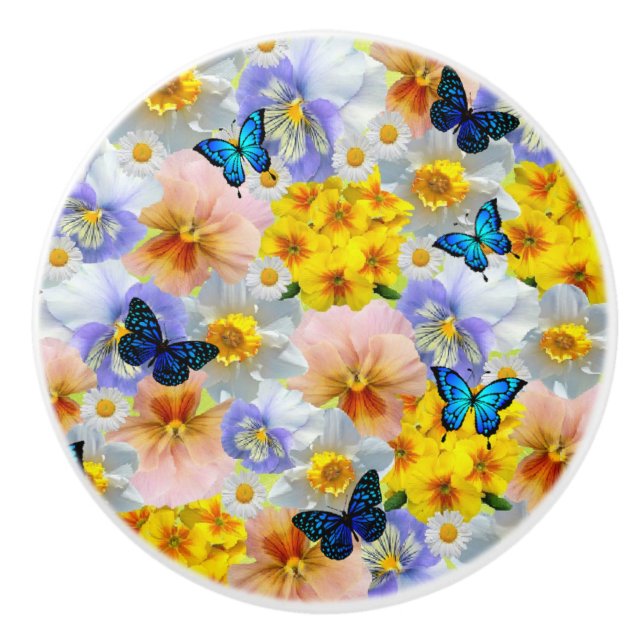 Bouton De Porte En Céramique Pansies Et Papillons (Devant)