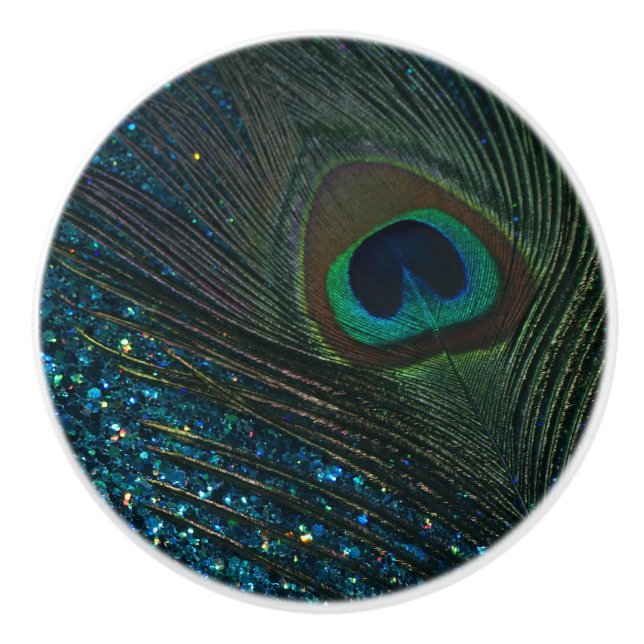 Bouton De Porte En Céramique Paon scintillant d'Aqua (Devant)
