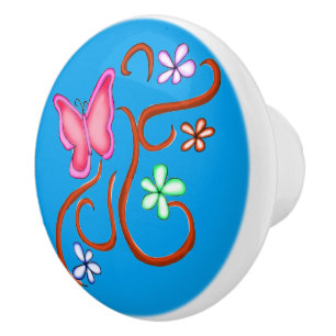 Bouton De Porte En Céramique Papillon rose avec Fleurs de Printemps Ceramic Kno