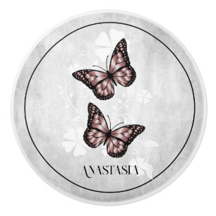 Bouton De Porte En Céramique Papillon rose florale cercueil personnalisé
