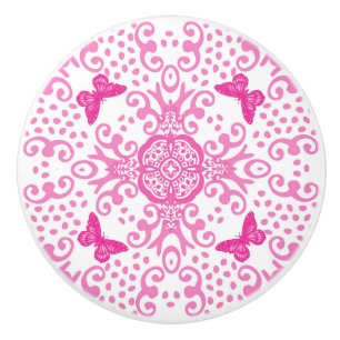 Bouton De Porte En Céramique Papillon rose n blanc