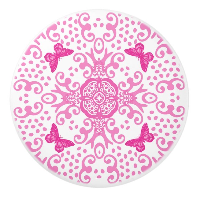 Bouton De Porte En Céramique Papillon rose n blanc (Devant)