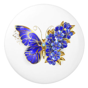 Bouton De Porte En Céramique Papillon saphir à fleurs