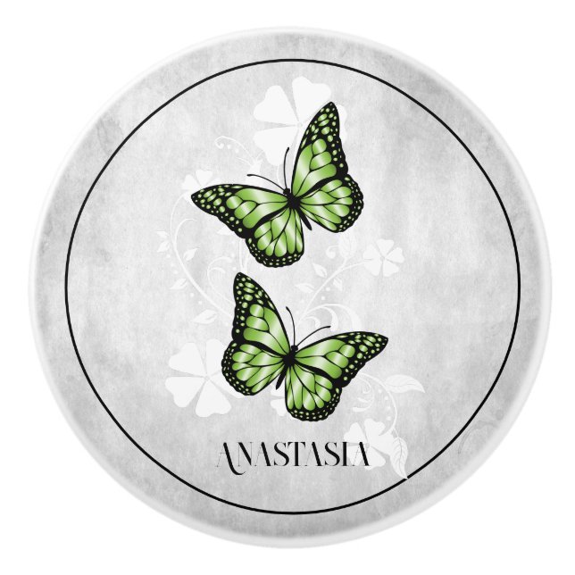Bouton De Porte En Céramique Papillon vert florale cercueil personnalisé (Devant)