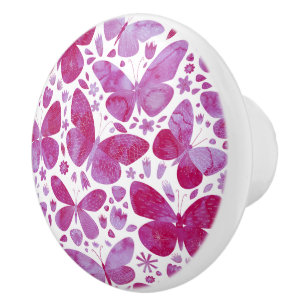 Bouton De Porte En Céramique Papillons Aquarelle Magenta Rose
