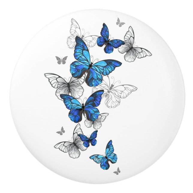 Bouton De Porte En Céramique Papillons volants bleus Morpho (Devant)