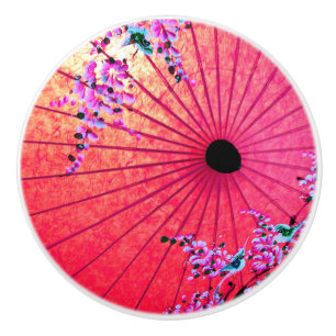 Bouton De Porte En Céramique parasol rose floral oriental japonais