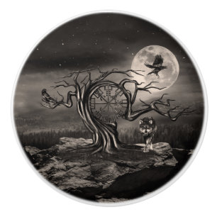 Bouton De Porte En Céramique Paysage de la lune d'arbre végétal - sépia