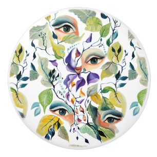 Bouton De Porte En Céramique Peint à la main Elegant Feminine Eyes Feuilles col