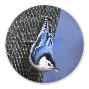 Bouton De Porte En Céramique Peinture de sittelle à poitrine blanche Art d'oise