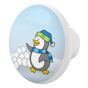 Bouton De Porte En Céramique Petit manchot avec boules de neige agitant
