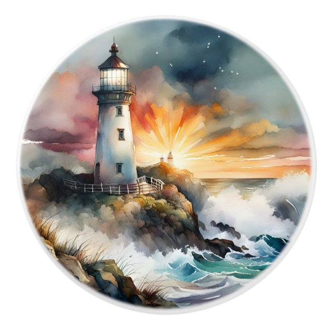 Bouton De Porte En Céramique Phare aquarelle (Devant)