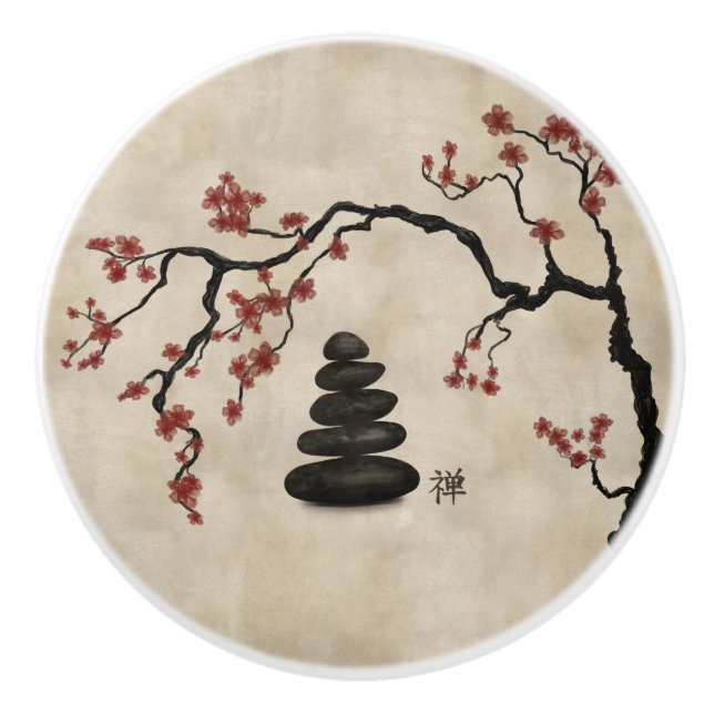 Bouton De Porte En Céramique Pierres zen Sakura Tree (Devant)