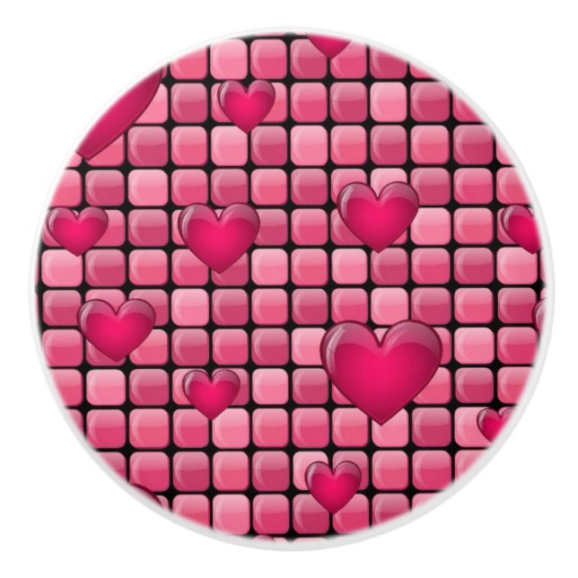 Bouton De Porte En Céramique Pile rose avec des coeurs (Devant)