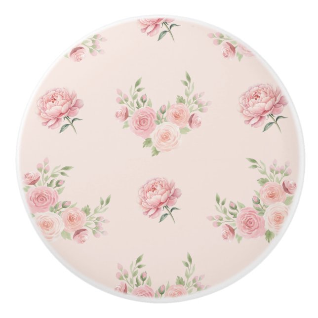Bouton De Porte En Céramique Pink Peony and Rose Pattern (Devant)
