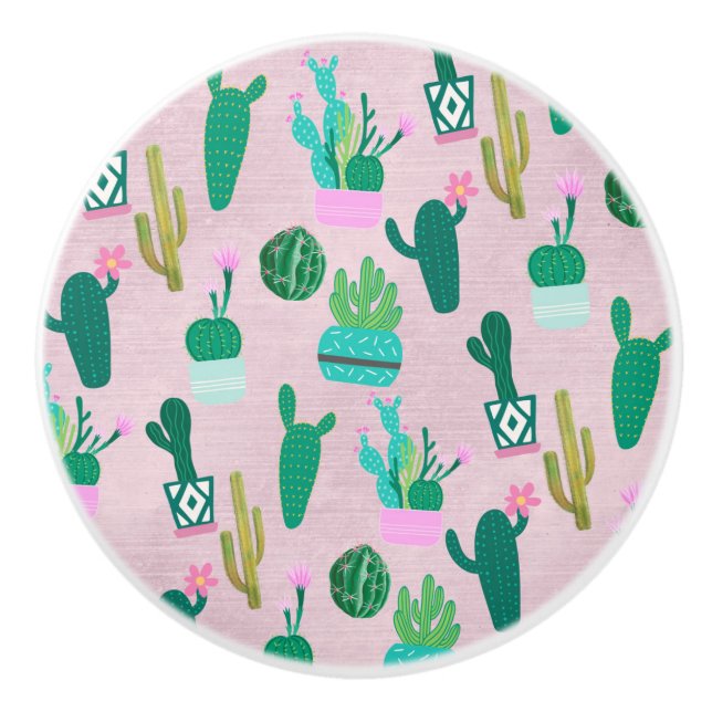 Bouton De Porte En Céramique Pink Rustique Sud-Ouest Cactus Plantes (Devant)