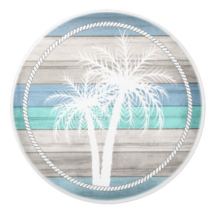 Bouton De Porte En Céramique Plage Bois Palmiers Nautiques - Bleu, Tan, Turquoi
