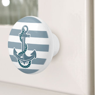 Bouton De Porte En Céramique Plage Côte Bleu Stripes Navire Ancre nautique