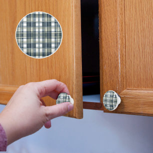 Bouton De Porte En Céramique Plaid blanc Denim Sage